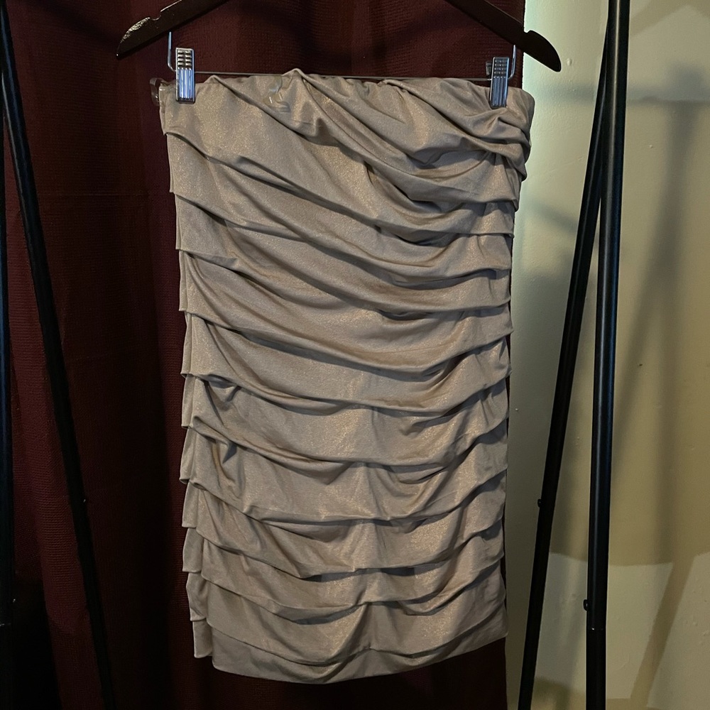 Sparkly Champagne Strapless Ruched Mini Dress